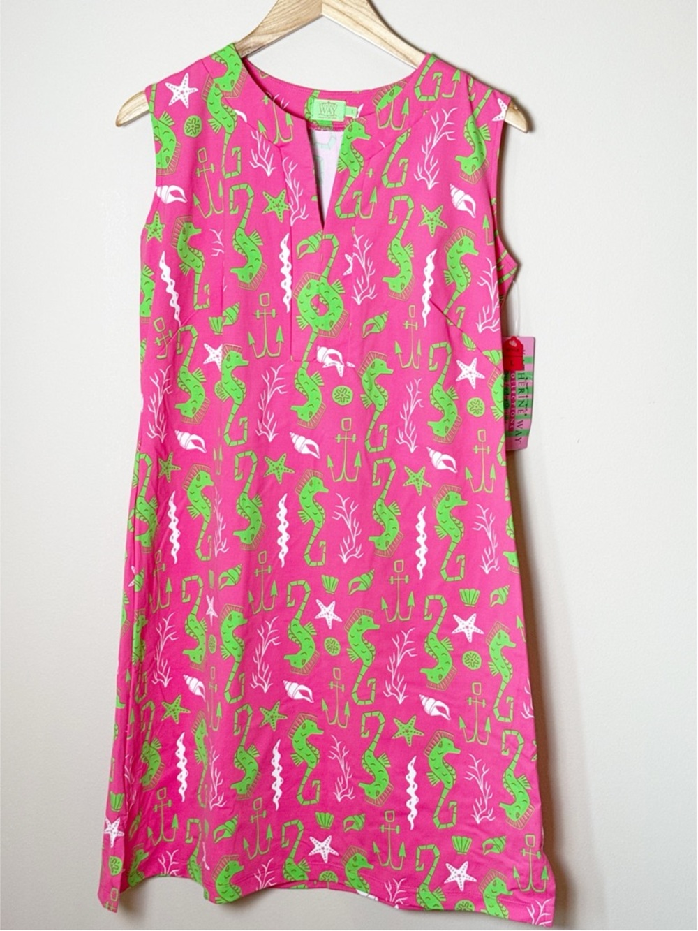 NWT Katherine Way sleeveless shift dress pink green nautical seahorse pattern L